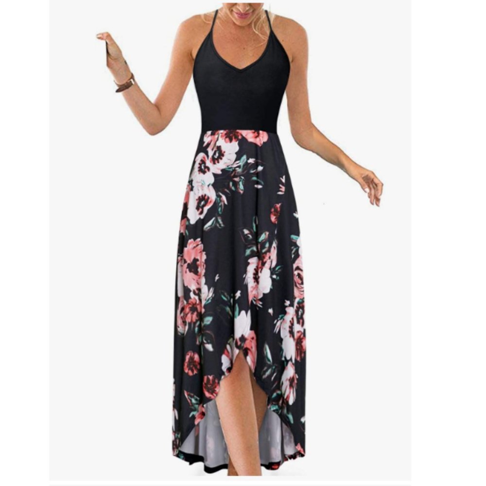 Women's V-Neck Sleeveless Summer Asymmetrical Maxi Dress, Sz M, Black w/ Flowers